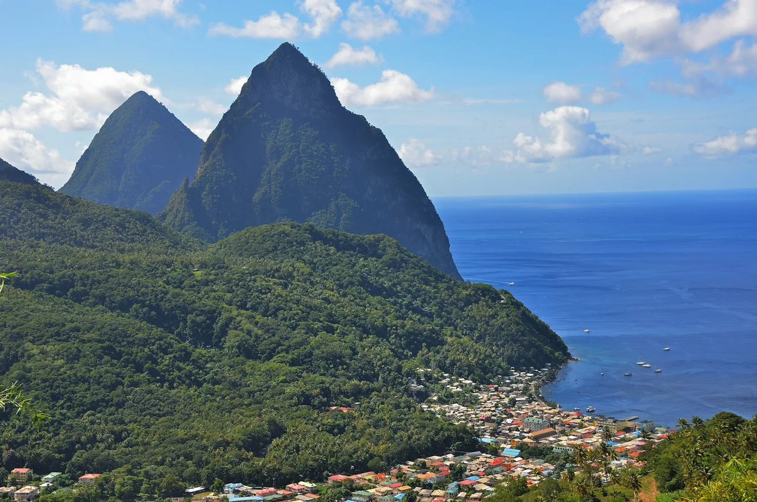 The Pitons rising above the Caribbean coast of Saint Lucia, West Indies